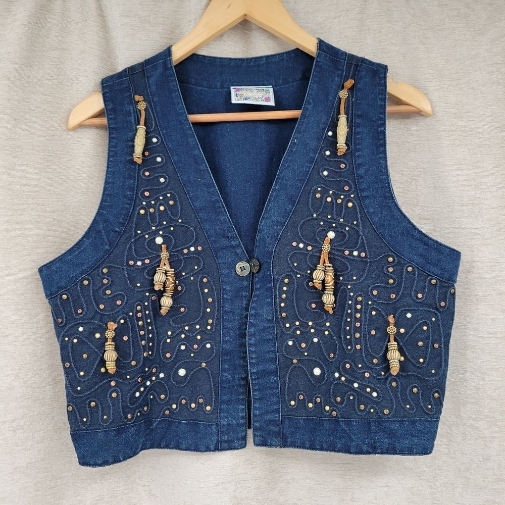 Monique Fashions Denim Jean Boho Vintage Studded Beaded Fringe Vest Western